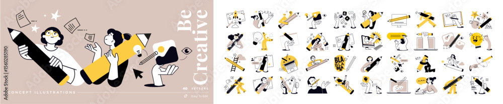 Be creative concept illustrations. Set of people vector illustrations in various activities of business, marketing, creative process, graphic and web design, social media, content management.
