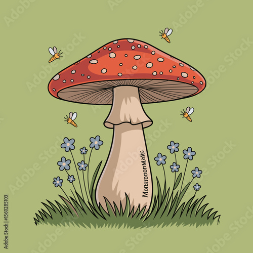 Amanita mushroom with polka dots and fireflies in grass and flowers
