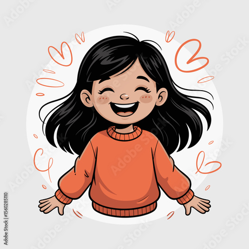 Happy little girl with black hair smiling and laughing, vector illustration