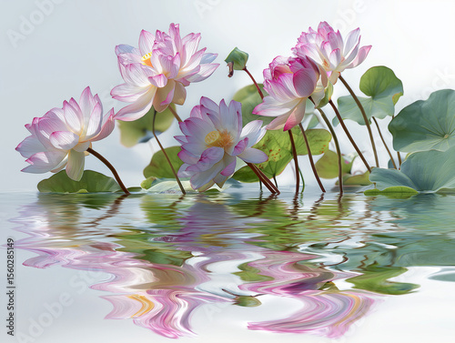 Lotus Flowers in a Calm Pond with Clear Reflection and Natural Light