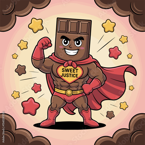 Superhero chocolate bar cartoon character with cape, stars, and sweet justice concept