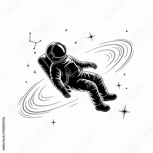 Astronaut floating in space, spacewalk, stars, universe, monochrome, galaxy, exploration