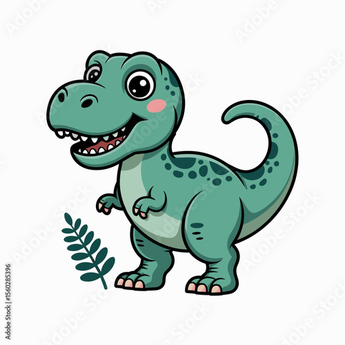 Cute cartoon dinosaur with green plant, happy prehistoric animal illustration