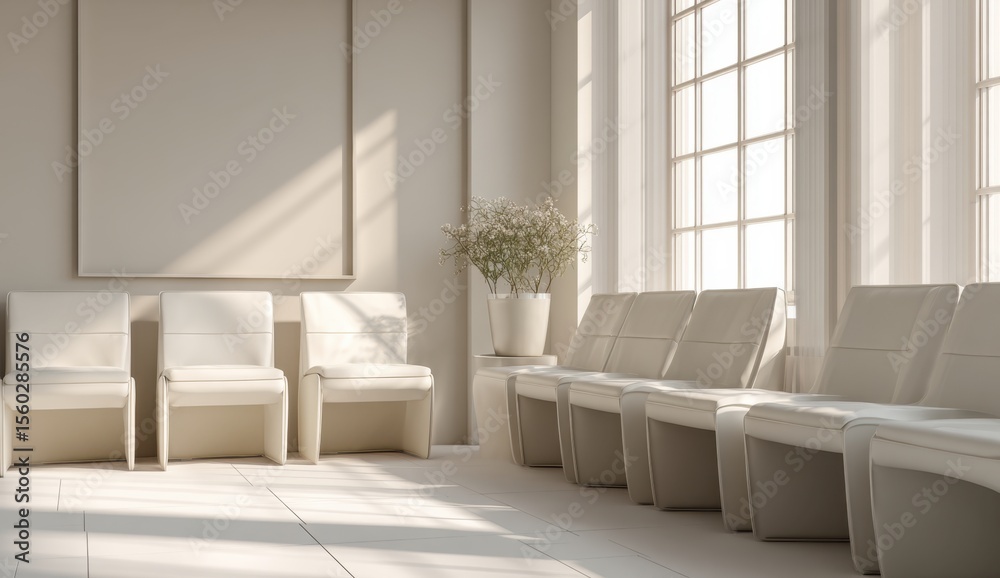 Fototapeta premium Serene Waiting Area: Modern Beige Chairs Bask in Sunlight by a Large Window.