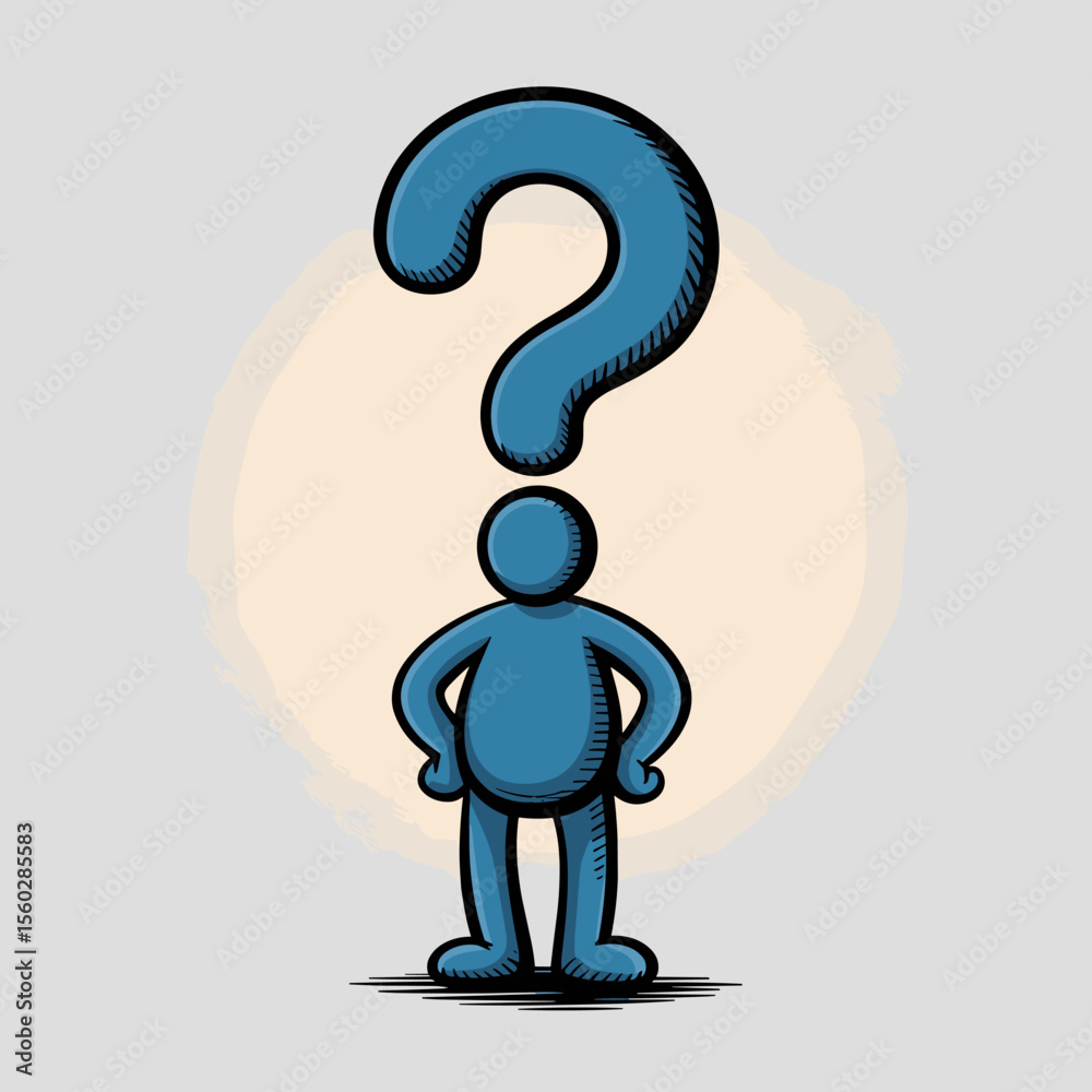 Blue figure with question mark head standing in confusion, uncertainty, doubt, problem Blue figure with question mark head standing in confusion, uncertainty, doubt, problem