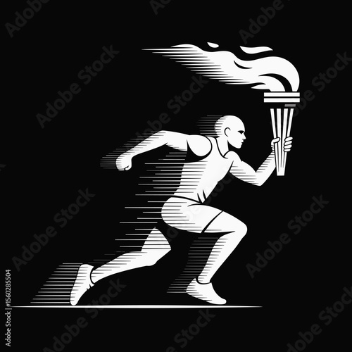 Man running with torch, athlete, olympic games, achievement, challenge, motivation, determination, monochrome, strength, sport