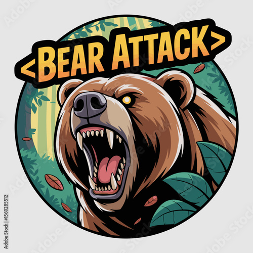 Angry bear attack illustration, roaring with sharp teeth in forest background.