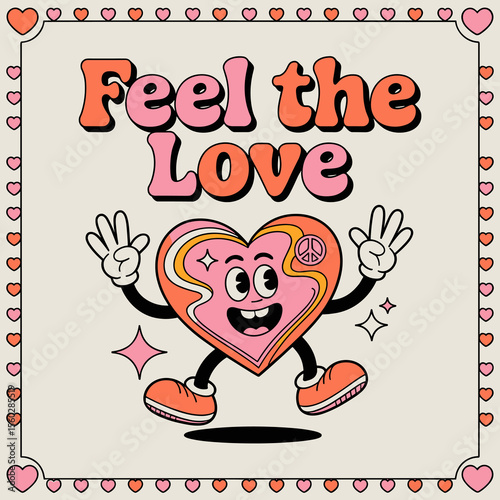 Retro cartoon heart character with peace sign spreading love in a vintage design