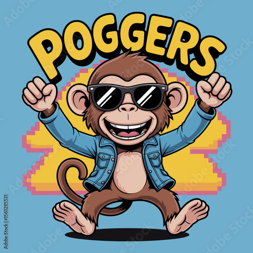 Monkey with sunglasses cheers, cartoon character illustration, fun cheerful, cute, happy mascot, positive energy