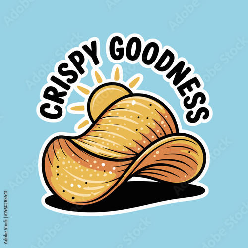 Crispy goodness illustration of potato chips snack food with sun graphic