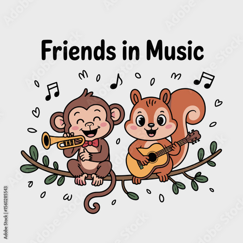 Monkey and squirrel playing music together, friends cartoon animal characters
