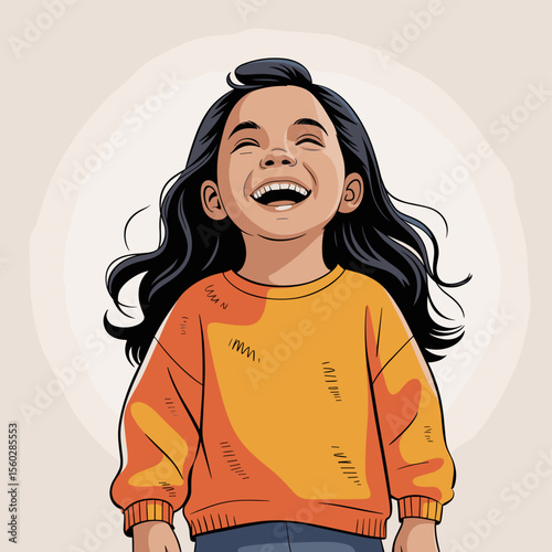 Laughing cartoon girl with black hair, joyful child, cheerful kid, happiness
