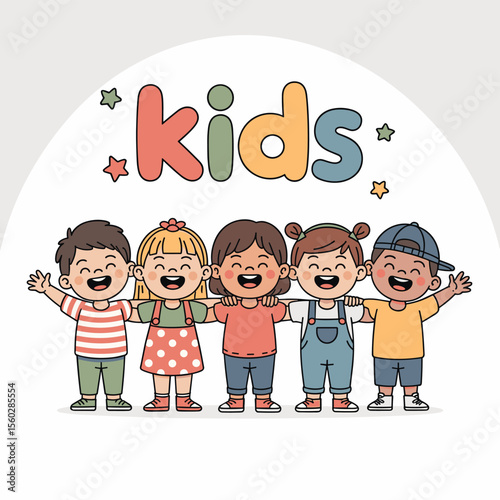 Group of kids hugging, smiling, vector cartoon illustration of friendship and joy