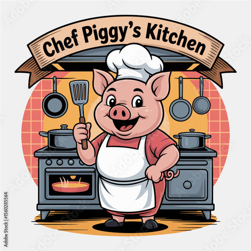 Cartoon pig chef in kitchen cooking food with spatula and pot on stove