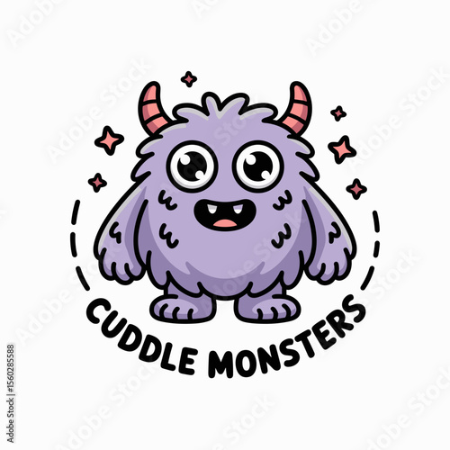 Cute purple monster with horns and stars, cuddle monsters concept