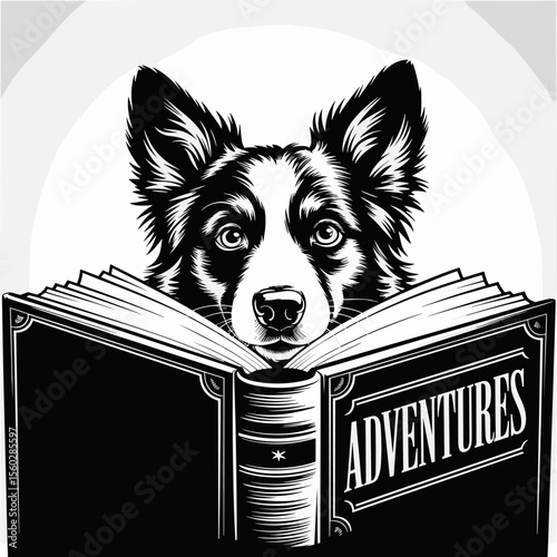 Dog reading adventures book, black and white drawing illustration, curious pet learning
