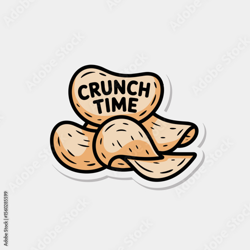 Cartoon potato chips with crunch time text, snack food illustration, sticker design