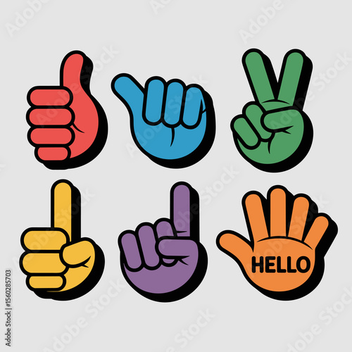 Colorful hand gesture icons: communication, hello, peace, agreement, countdown, thumbs up