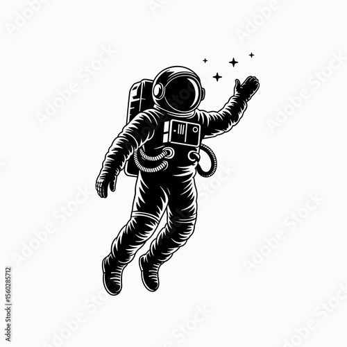 Astronaut floating in space reaching stars, cosmic exploration concept, one person, black and white drawing
