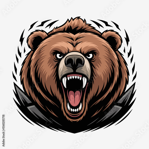 Angry brown bear roaring with sharp teeth illustration, aggressive animal mascot