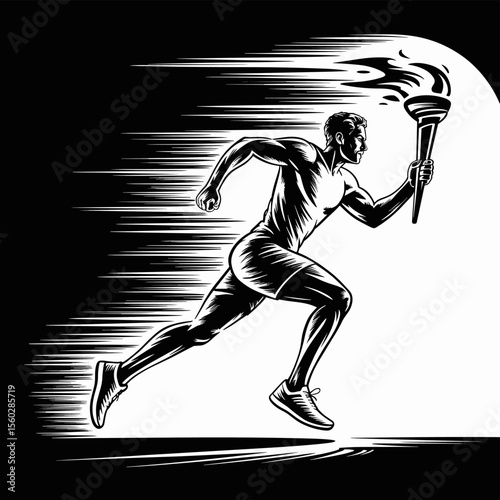 Man running with torch, black and white, runner, olympic, sport, energy, movement, speed, power, competition