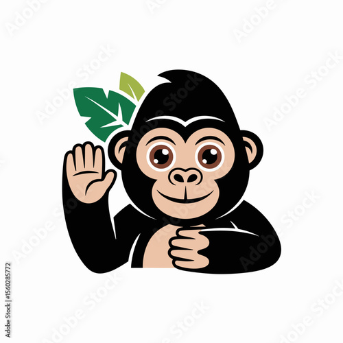 Cute gorilla cartoon waving, jungle leaves background, playful ape mascot, vector illustration