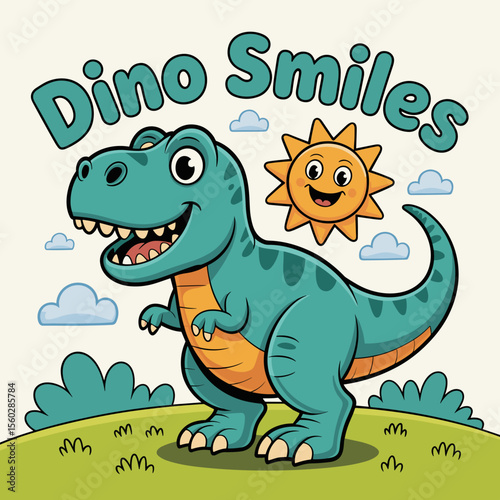 Cartoon dinosaur smiles with happy sun in landscape illustration for children's art