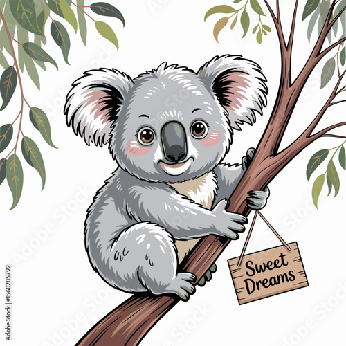 Cute cartoon koala bear holding sweet dreams sign in tree, animal illustration