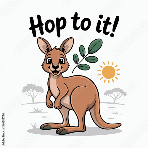 Cute kangaroo illustration hopping with foliage and sun, cheerful cartoon animal in nature