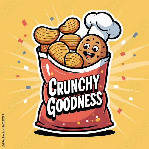 Cartoon snack chips bag with crunchy goodness, fun food mascot character with chef hat