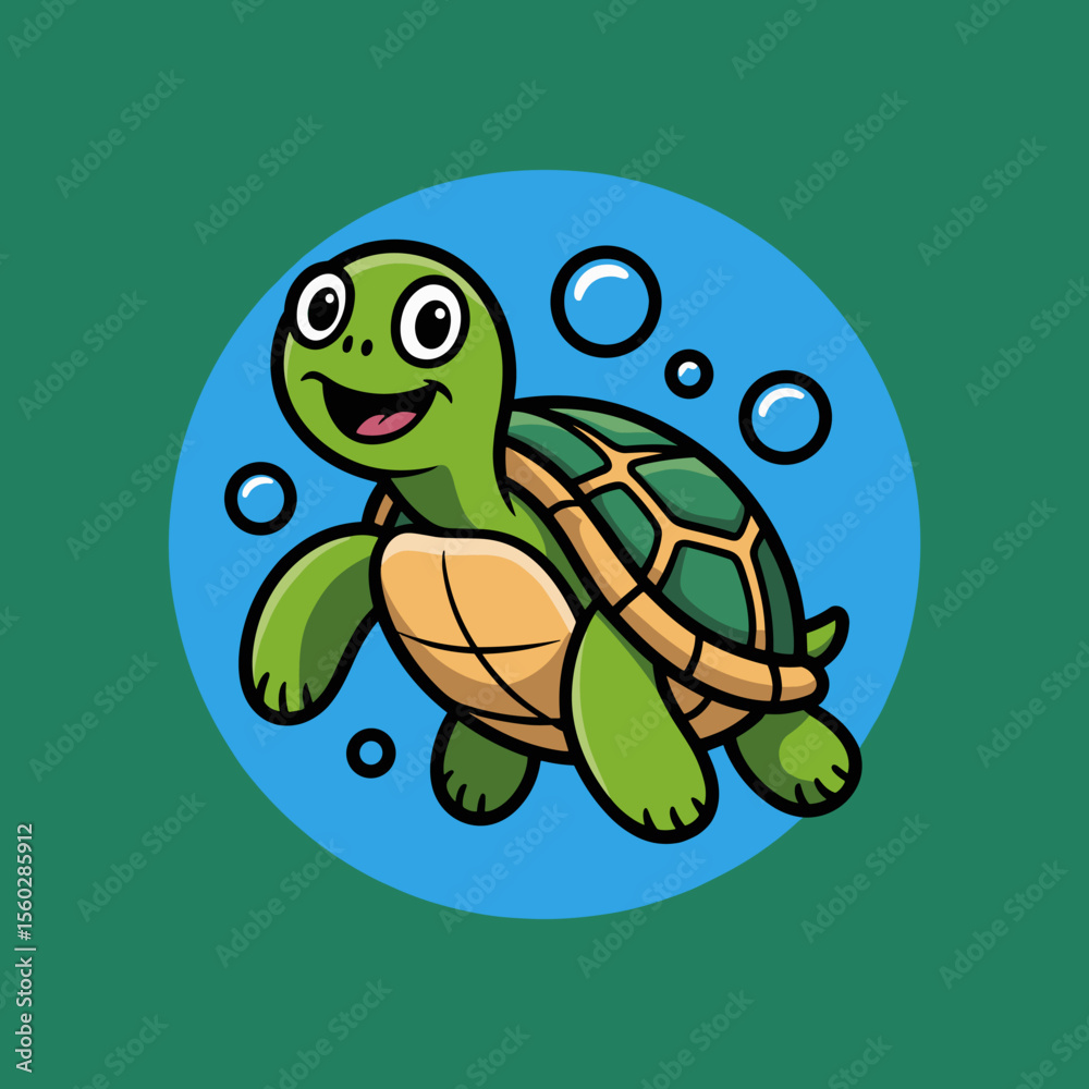 Fototapeta premium Happy cartoon turtle swimming in blue water with bubbles, cheerful wildlife animal