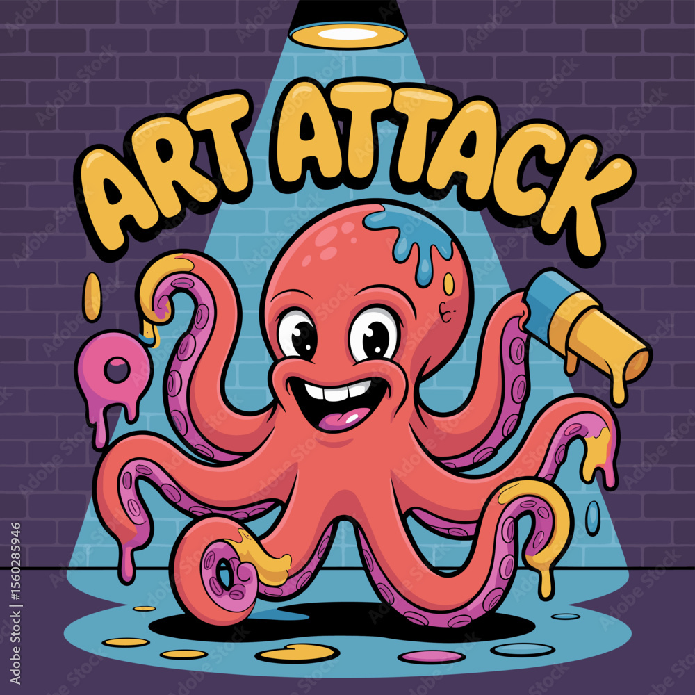 Fototapeta premium Funny cartoon octopus art attack with paint and brush in studio, creative concept