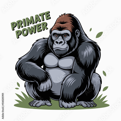 Cartoon ape illustration with primate power text, animal strength and wildlife concept
