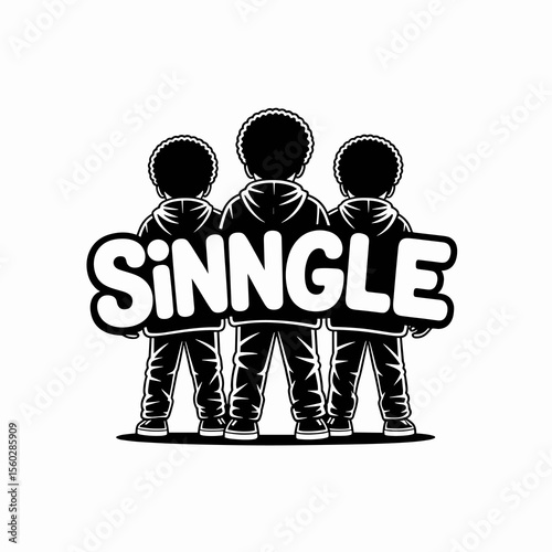 Three children in hoodies forming the word SINNGLE. Afro hair. Fashion concept, black and white.