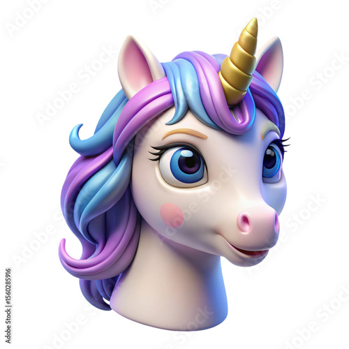 Close up 3 D rendered bust of a cartoon unicorn with blue purple and pink hair a golden horn and rosy cheeks isolated on a transparent background