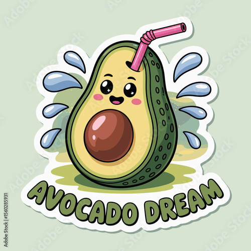 Cute avocado character drinking with straw, fun cartoon food illustration sticker