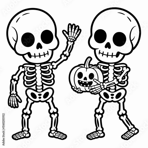 Two skeletons with pumpkin, cartoon Halloween holiday illustration, spooky skeletons waving
