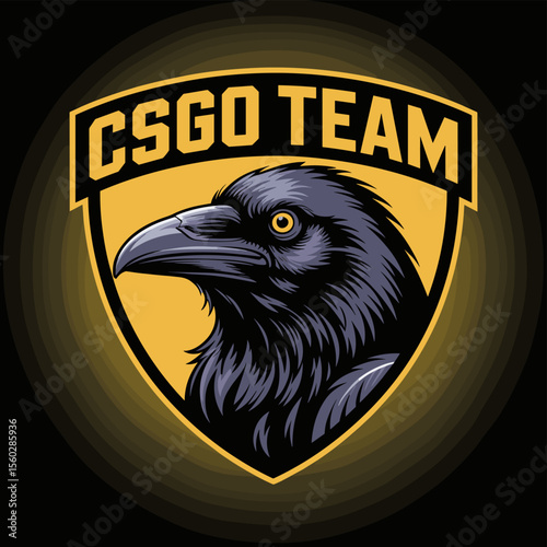 Raven mascot logo, gaming team emblem, dark bird illustration, esports raven badge