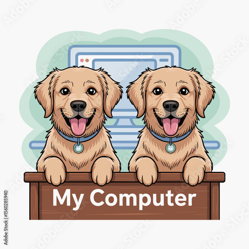 Two golden retriever puppies at computer desk with happy mood, technology concept