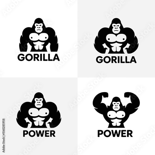 Gorilla power logo set, strong animal mascot, bodybuilder concept, black and white design photo