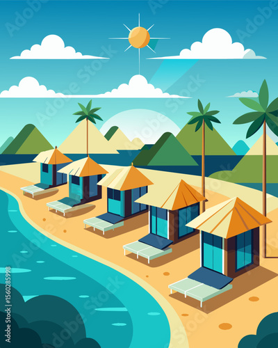 A luxurious beach resort offering solarpowered beach cabins with private infinity pools harnessing solar energy to provide a lavish and sustainable vacation experience.. Vector illustration