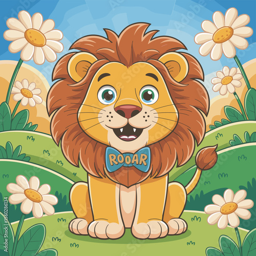 Cute lion cartoon with bow tie sitting in a field of flowers in a happy, playful mood.