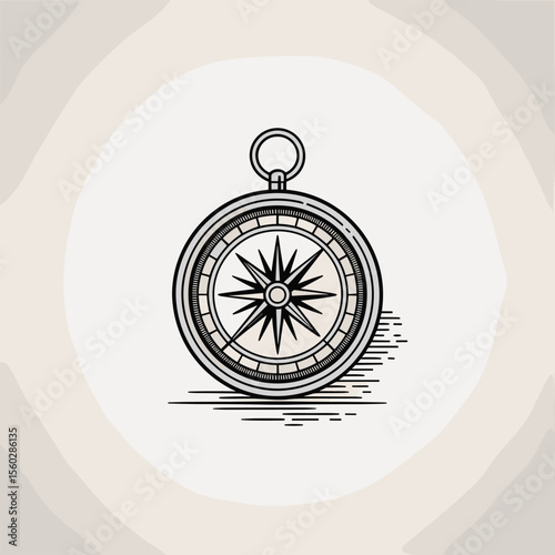 Compass illustration, vintage direction instrument icon, navigation tool drawing, nautical antique symbol