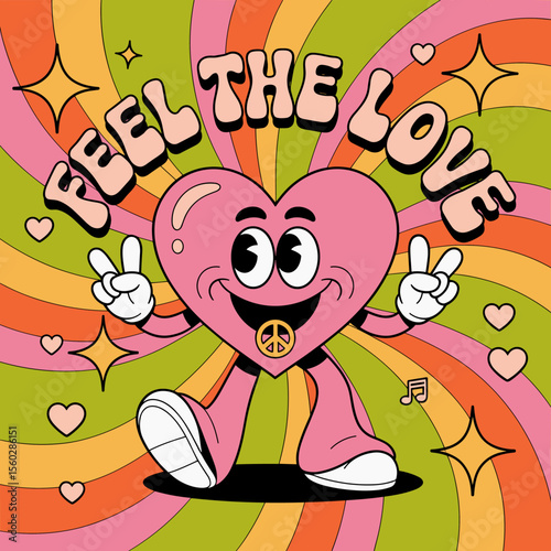 Groovy cartoon heart with peace symbol spreading the love, retro style