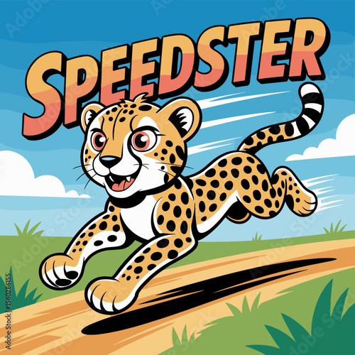 Cartoon cheetah speedster running on a path with a happy, energetic mood