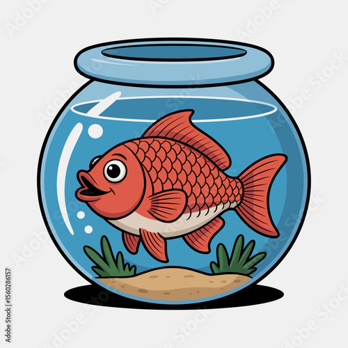 Cartoon goldfish swimming in fishbowl with seaweed and sand