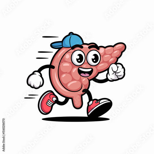 Running pancreas cartoon with hat and sneakers for healthcare and diabetes awareness