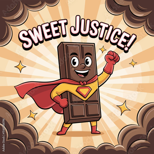 Sweet Justice! Chocolate bar superhero cartoon character bringing justice concept