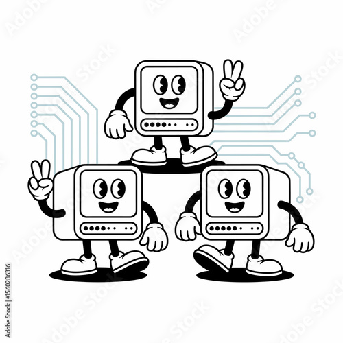 Networking cartoon illustration: Retro computers connected in network, technology concept, fun design