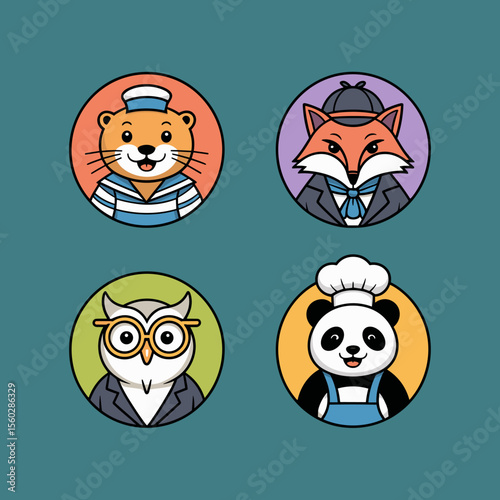 Animal avatars: otter, fox, owl, panda cartoon icons in circles, cute professional set